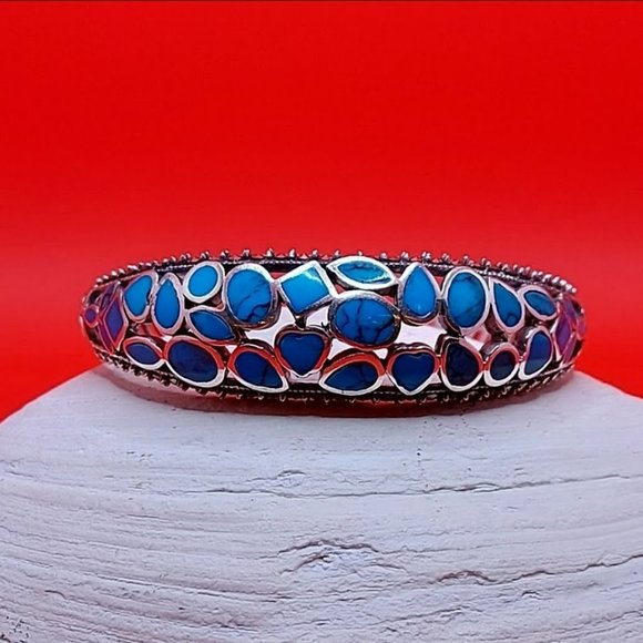 Natural Stabilized Blue Turquoise 7x5 mm & Marcasite 925 Sterling Silver Bangle - Picture 10 of 10